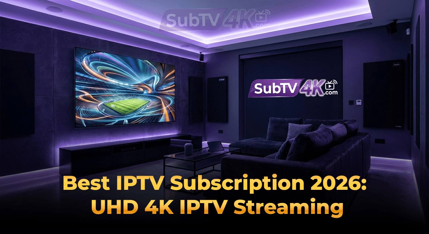 Premium 4K IPTV Streaming of a live football match on a smart TV with SubTV 4K logo.