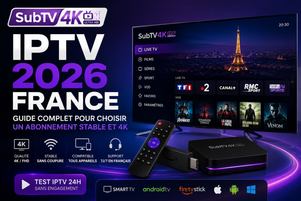 IPTV 2026 France avec SubTV4K, abonnement IPTV stable en qualité 4K compatible Smart TV, Android TV et Fire Stick